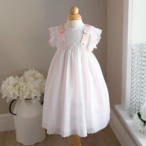 White Smocked Heirloom Dress Voile Pearls Pink Satin Ribbon Lace 12 Months